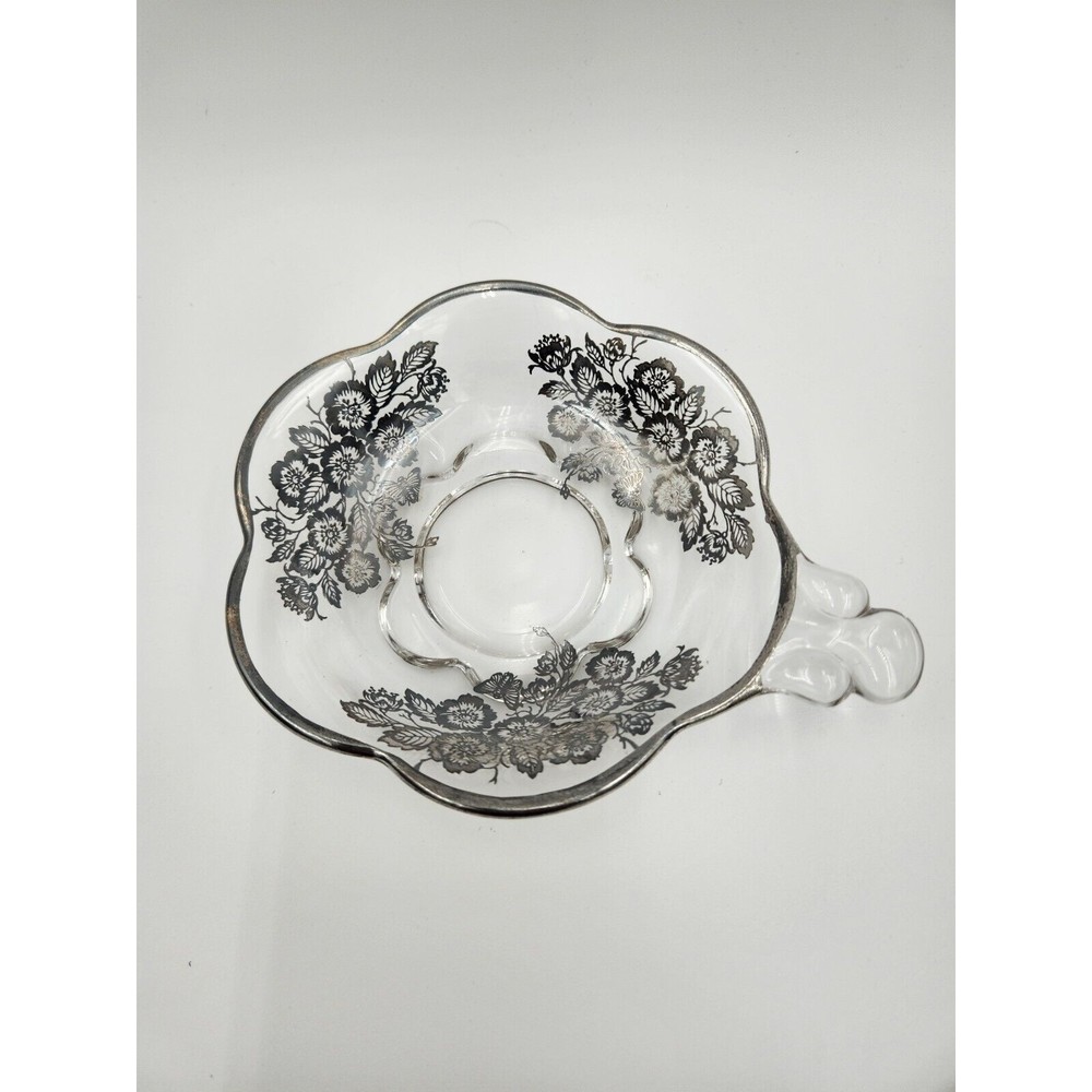 VTG Silver Overlay Glass Serving candy Dish one Handle Unique‎ flowers butterfly